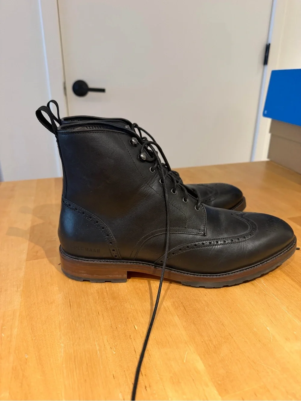 Cole Haan Black Leather Brogue Chukka Boot with Brown Sole